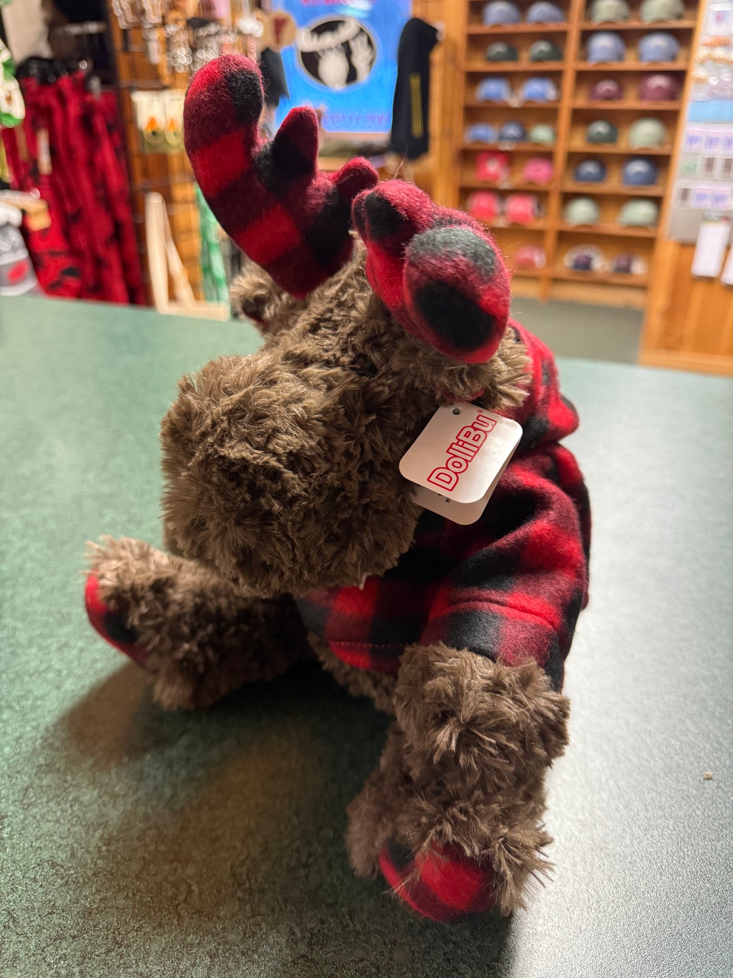 Soft Curly Moose Plaid Hoodie Stuffed Animal
