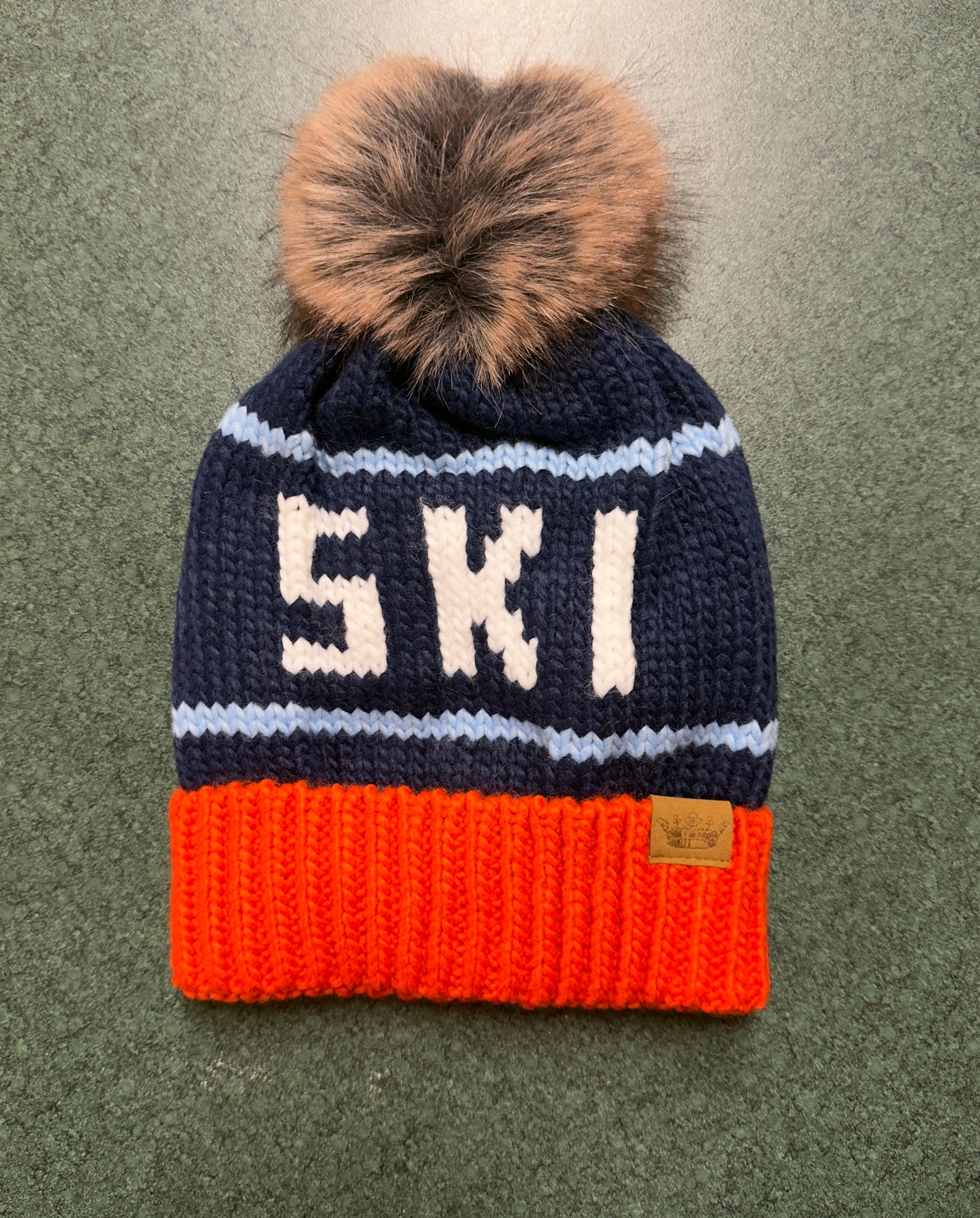 Orange Navy & Light Blue Ski Pom Hat
