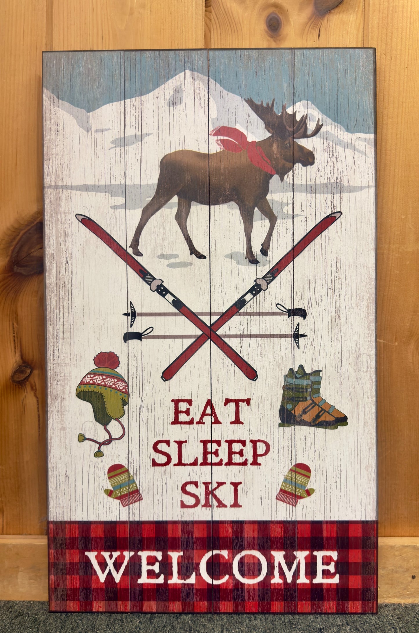 Eat Sleep Ski - Wood & Metal Wall Art - Wood / 14" x 24"