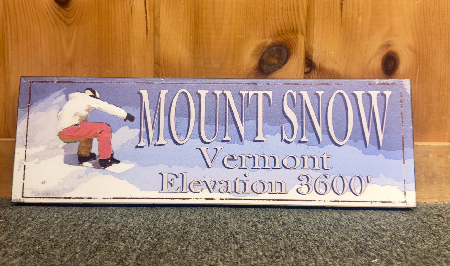 Mount Snow Elevation Snowboarder Wooden Sign