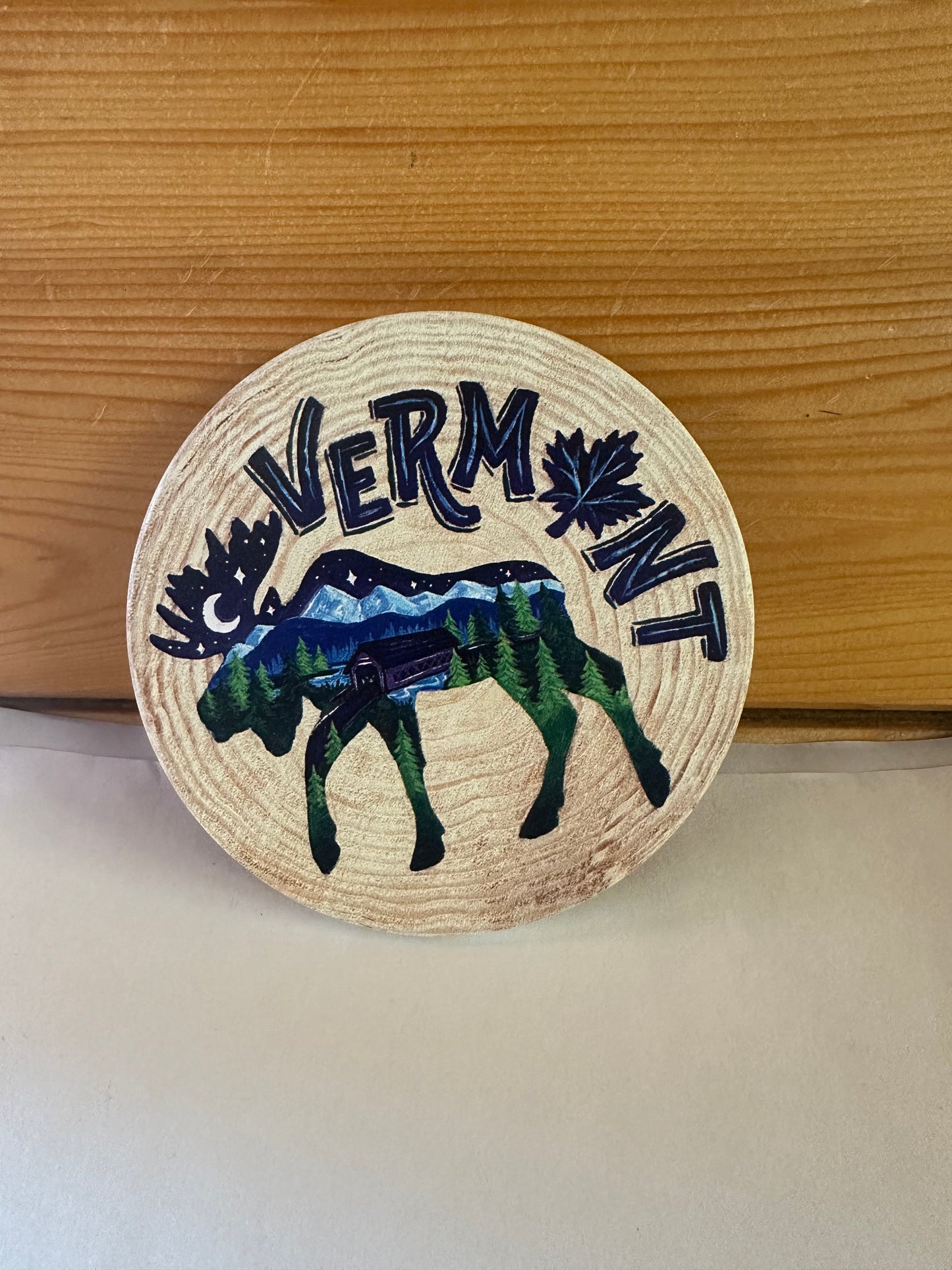 Moose Painting On Wood Ceramic Coaster