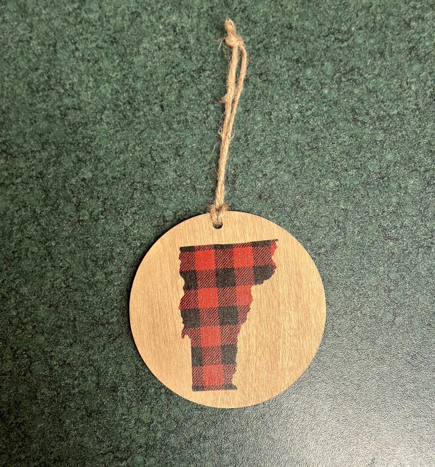 Wooden VT Plaid Circle Ornament