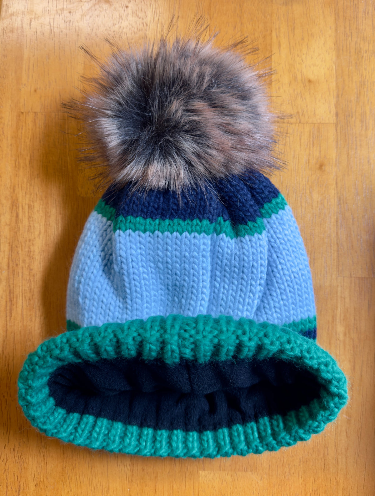 Green, Lt. Blue & Navy Ski Pom Hat