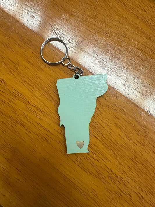 Vermont State With Heart Keychain Color Sage