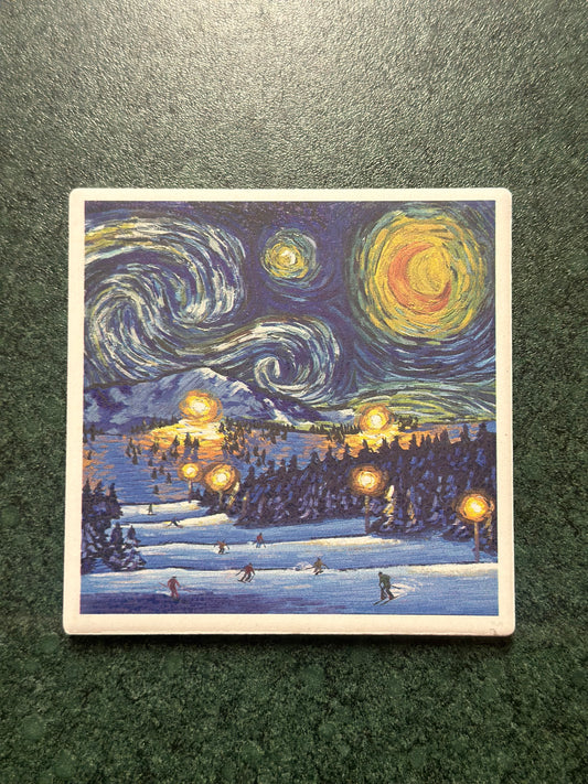 Starry Night Mountain Ski Resort Ceramic Coaster