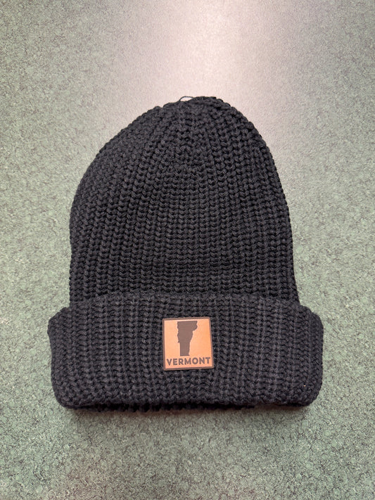 Vermont Leather Patch Chunky Knit Black Beanie