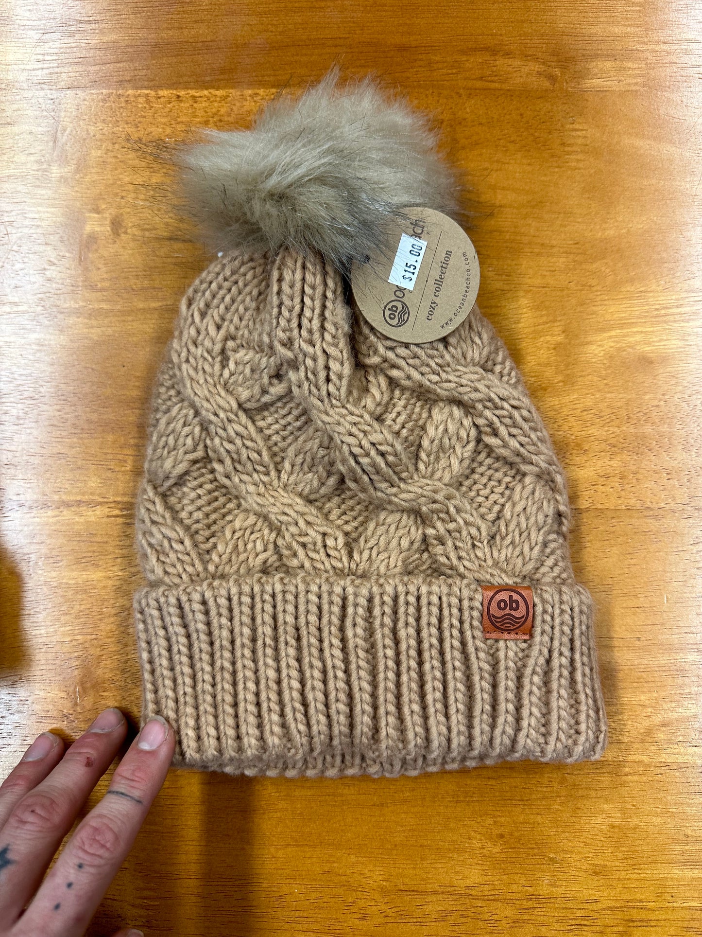 Soft Woman's Classic Beanie With Faux Pompom Color Taupe