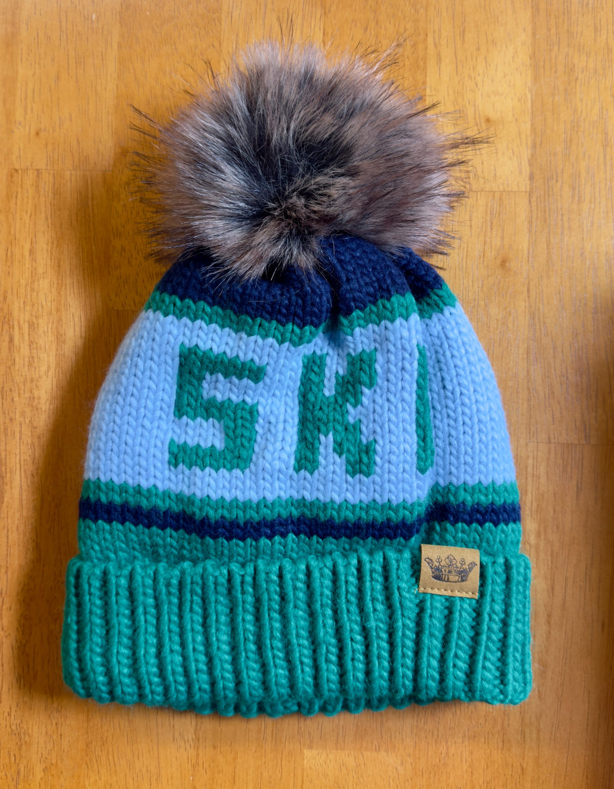Green, Lt. Blue & Navy Ski Pom Hat