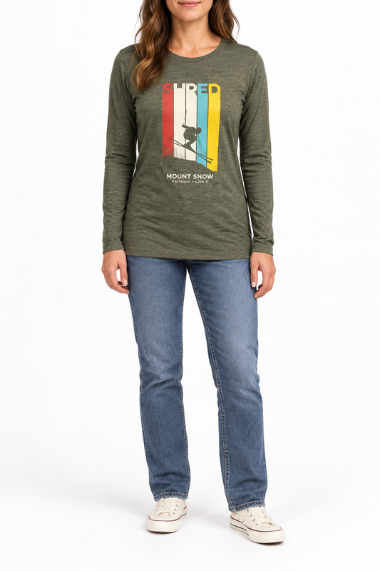 Mount Snow Shred Skier Heather Color Army Green Long Sleeve Shirt