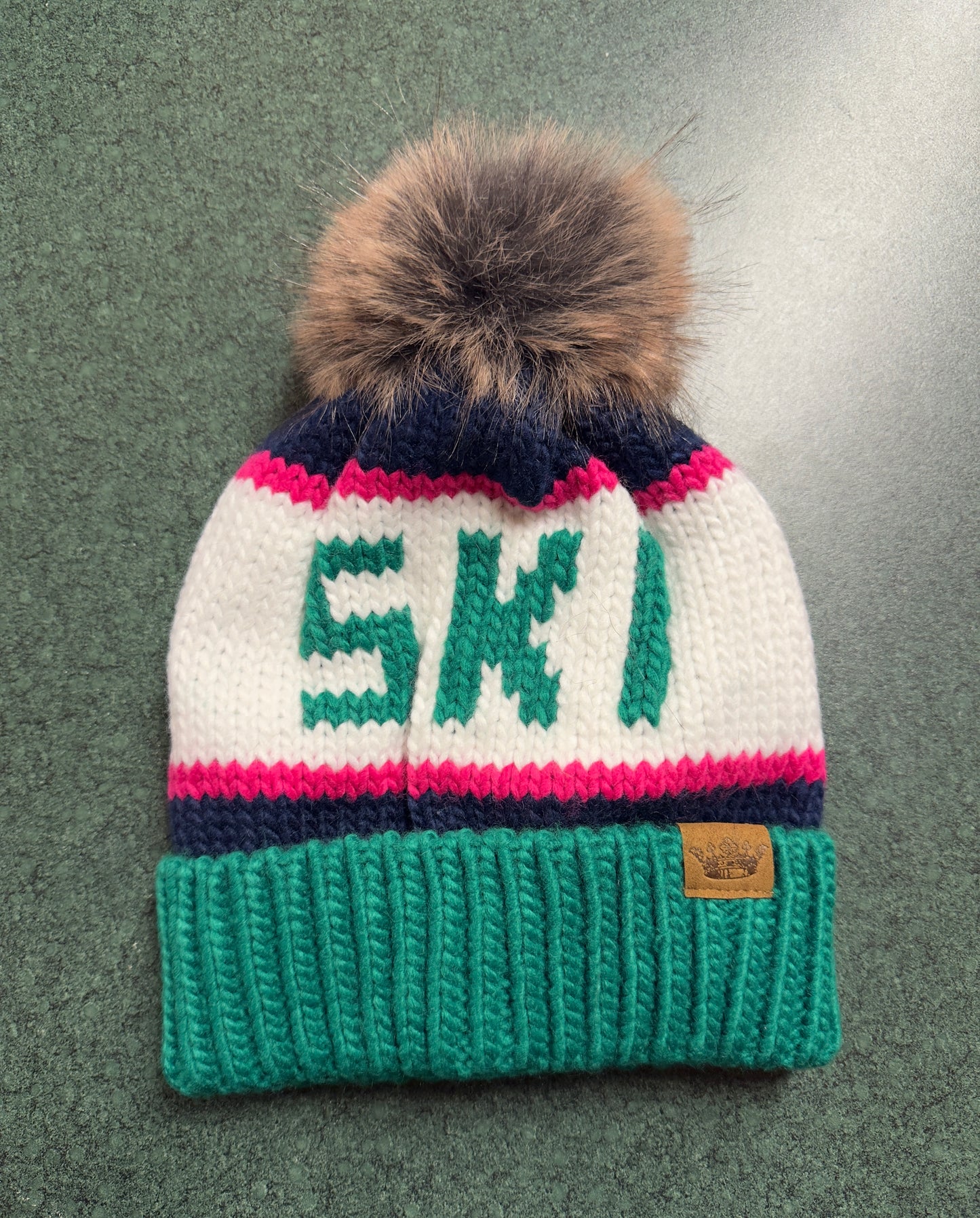 Green Navy & Pink Ski Pom Hat