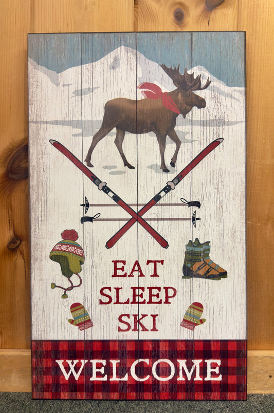 Eat Sleep Ski - Wood & Metal Wall Art - Wood / 14" x 24"