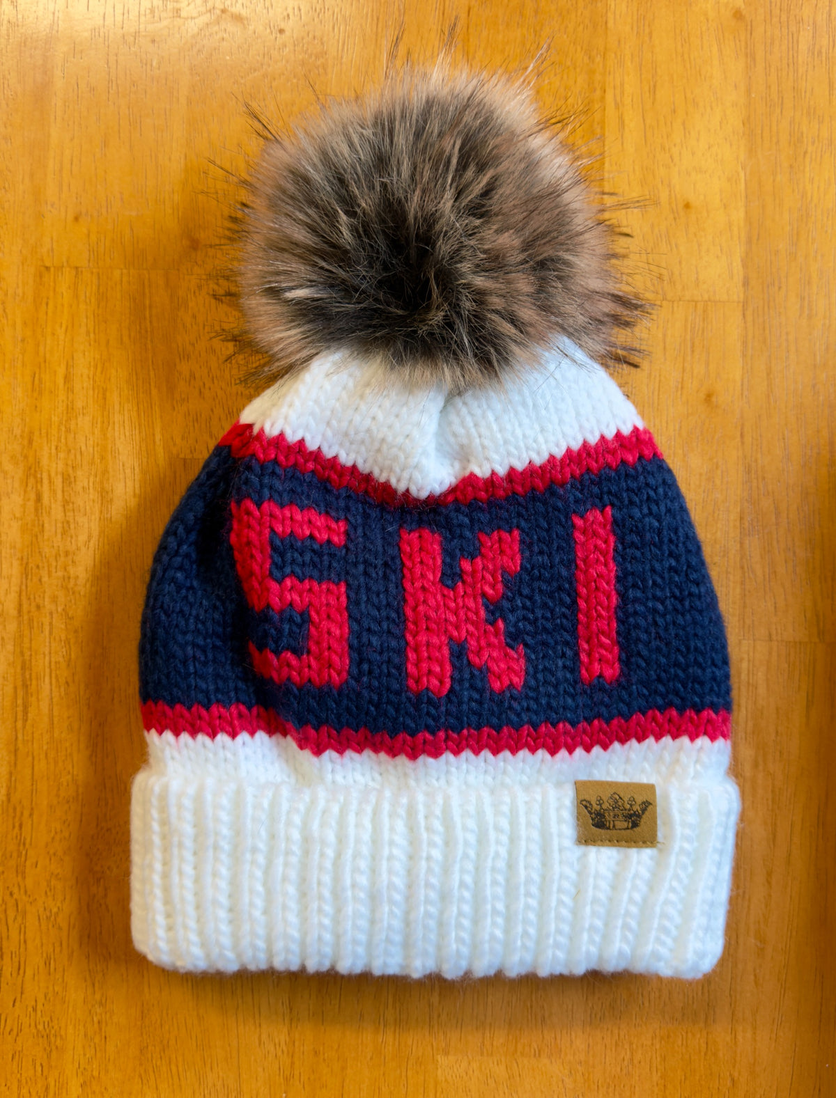 White, Navy & Red Ski Pom Hat