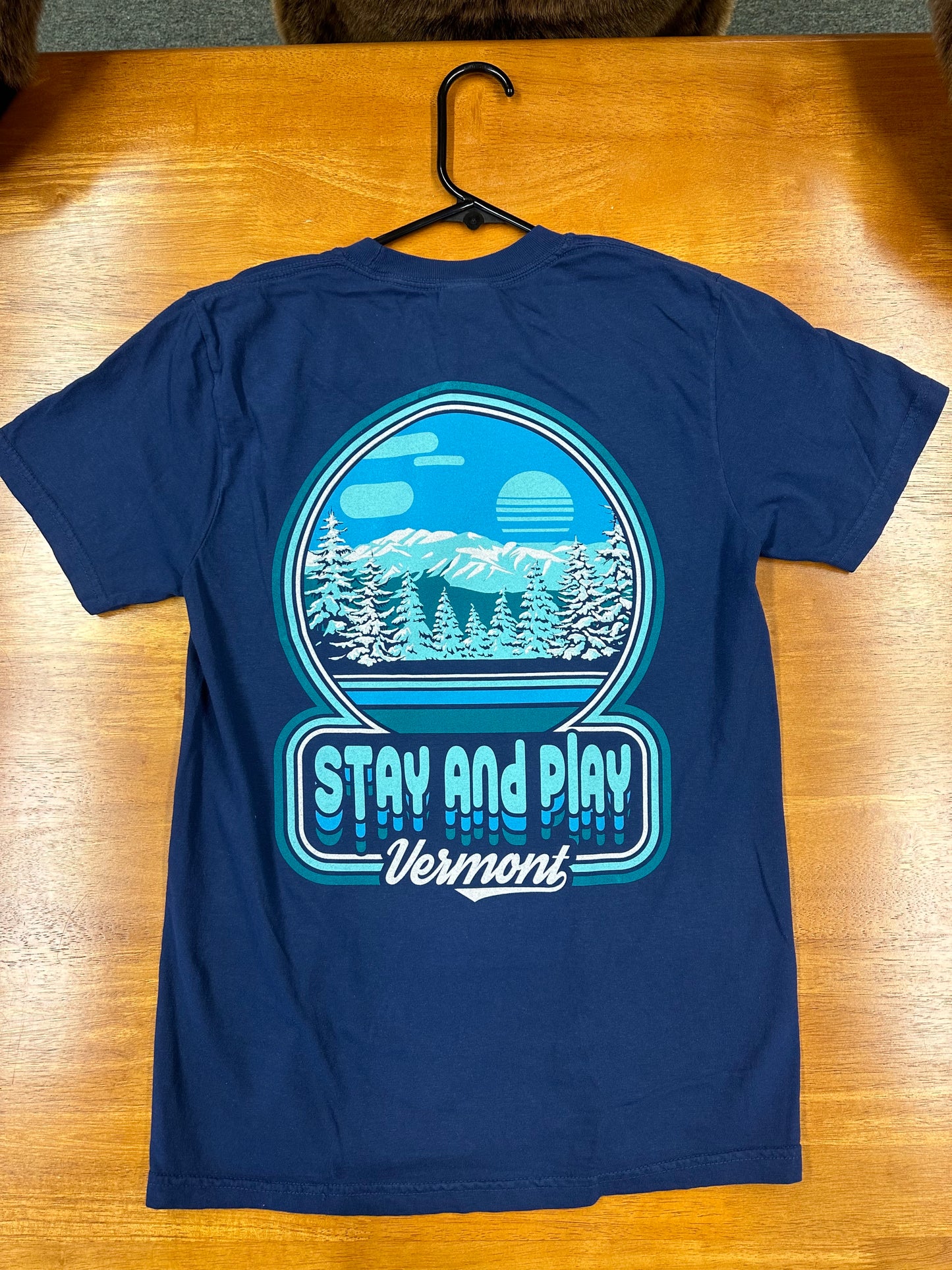 Retro Stay & Play Badge Sunset T Shirt Color True Navy